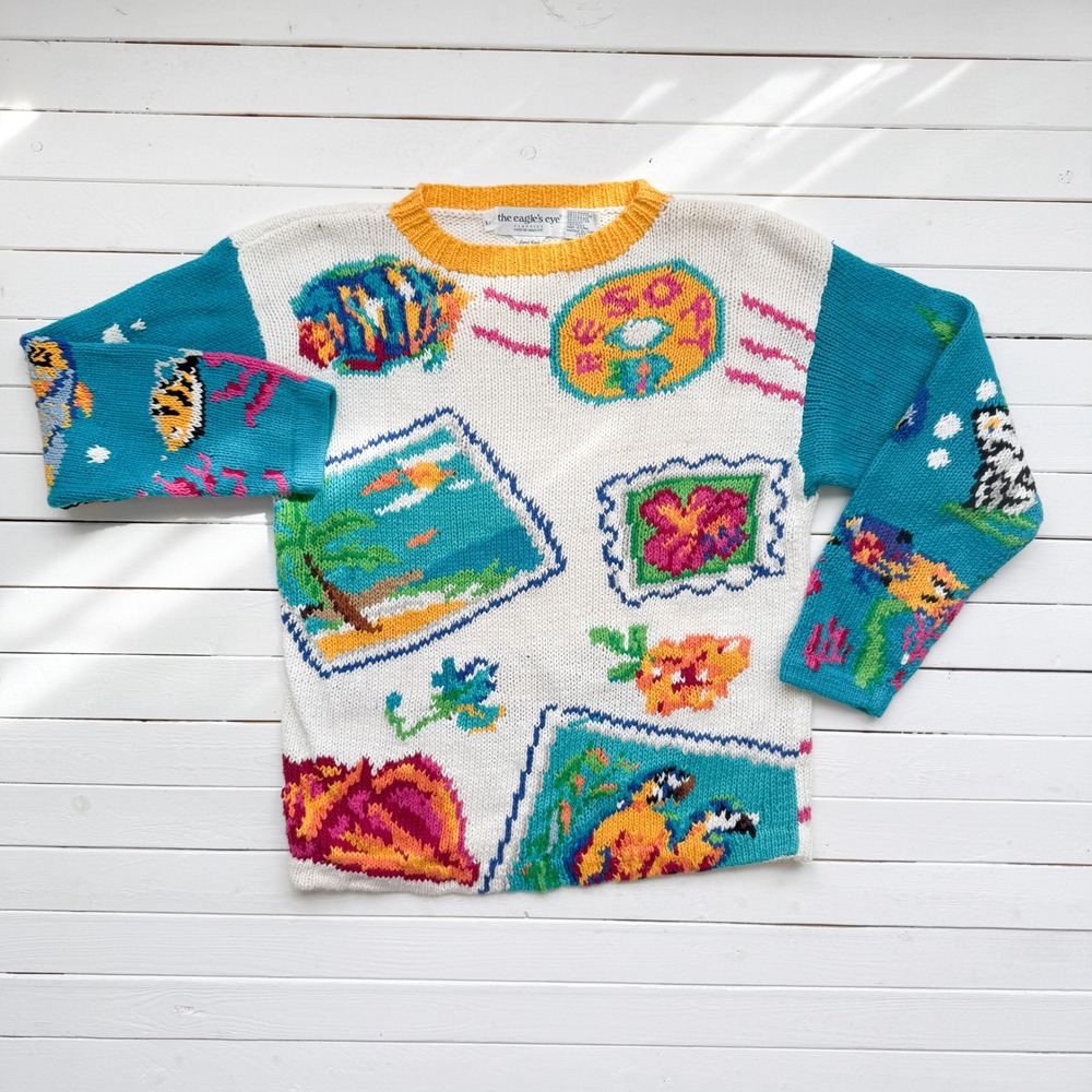 vtg Eagles Eye tropical vacation novelty print‎ sweater size L